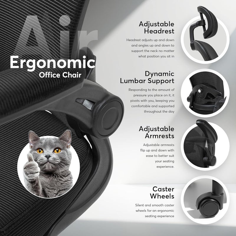 Oline ErgoAir Ergonomic Office Chair – Adjustable Lumbar Support, Flip-Up Armrests, Mesh Computer Desk Chair, Swivel Rolling Executive Gaming Chair for Home & Office (Black) - Image 4